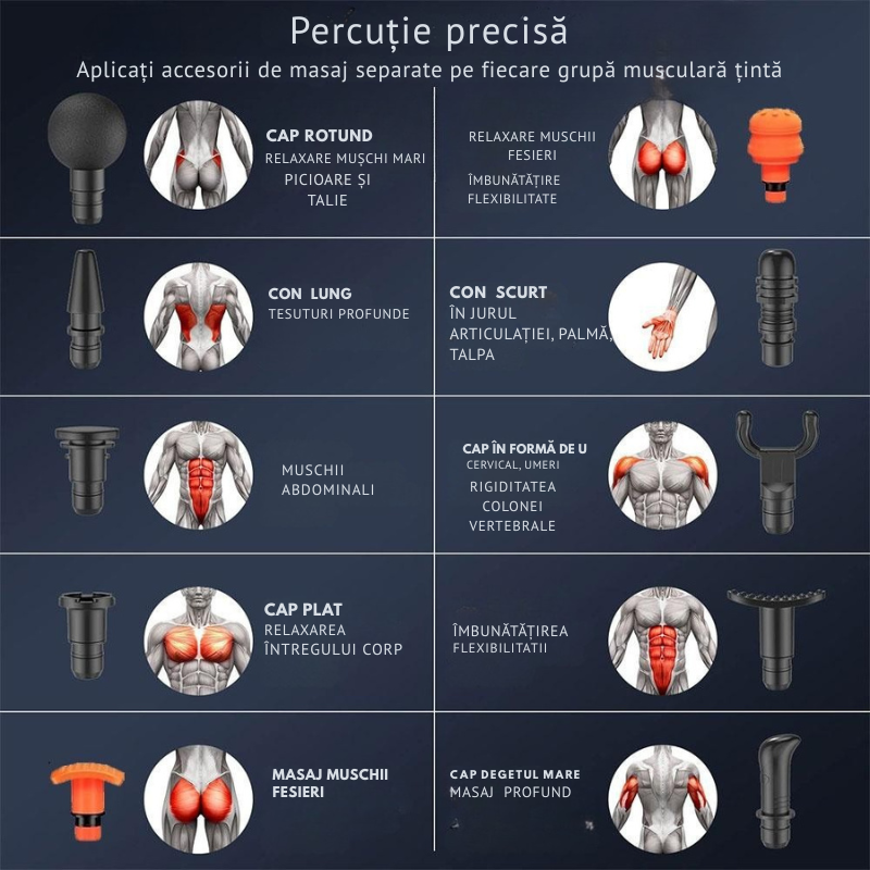 Pistol Masaj Profesional CenturyLux® – 12 Capete, 30 Viteze, 3300 Percuții/min,+ Geantă Transport – Relaxare, Tonifiere & Anticelulitic – Negru