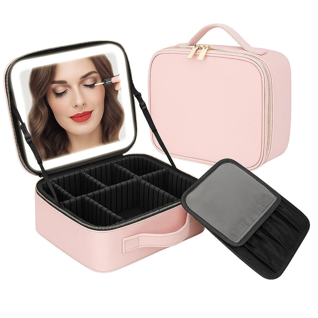 Portfard-Geanta Cosmetice cu Oglindă LED Touch, Compartimente Reglabile, Roz Pastel – Ideala pentru Voiaj și Machiaj Profesional