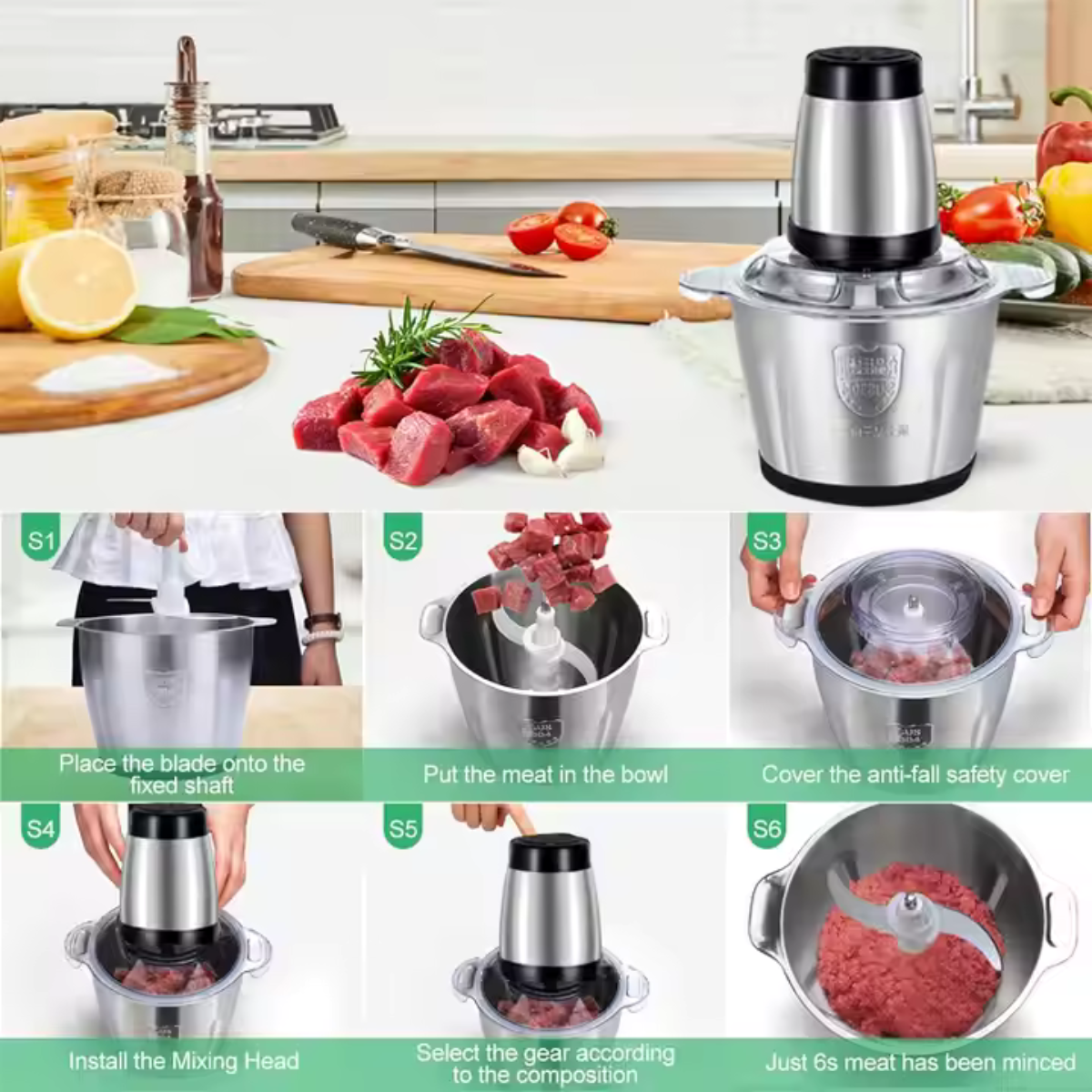Tocător Electric cu Vas din Inox 3L – Putere, Durabilitate și Capacitate Mare