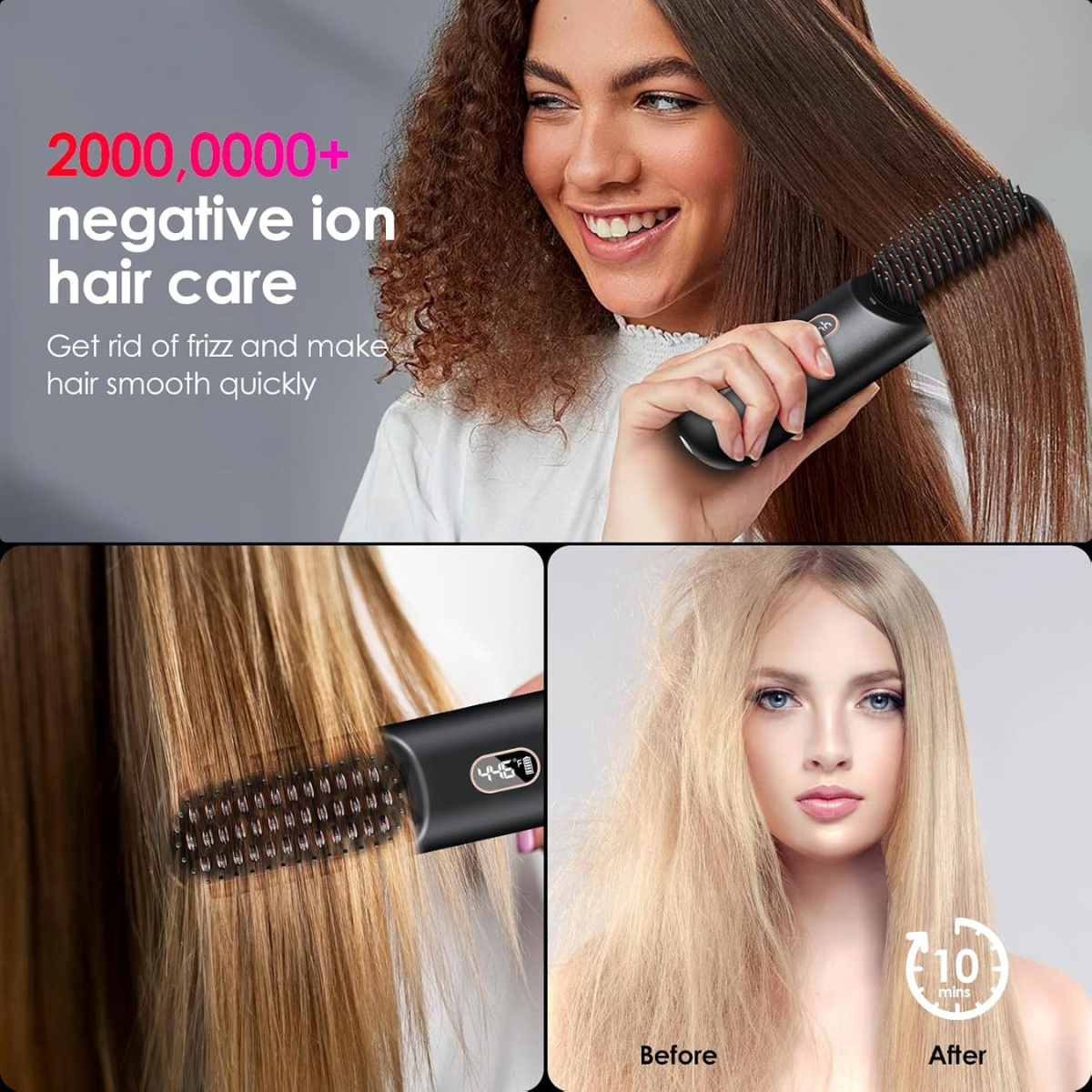 Perie Electrică pentru Îndreptat Părul – Reîncărcabilă USB, cu Ioni Negativi | Anti-Frizz, Efect de Netezire Instant