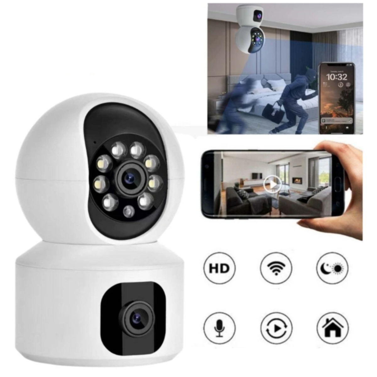 Cameră Supraveghere WiFi V380 cu Auto Tracking, Viziune Nocturnă Color, Audio Bidirecțional, 360° Panoramă – Aplicație Mobilă