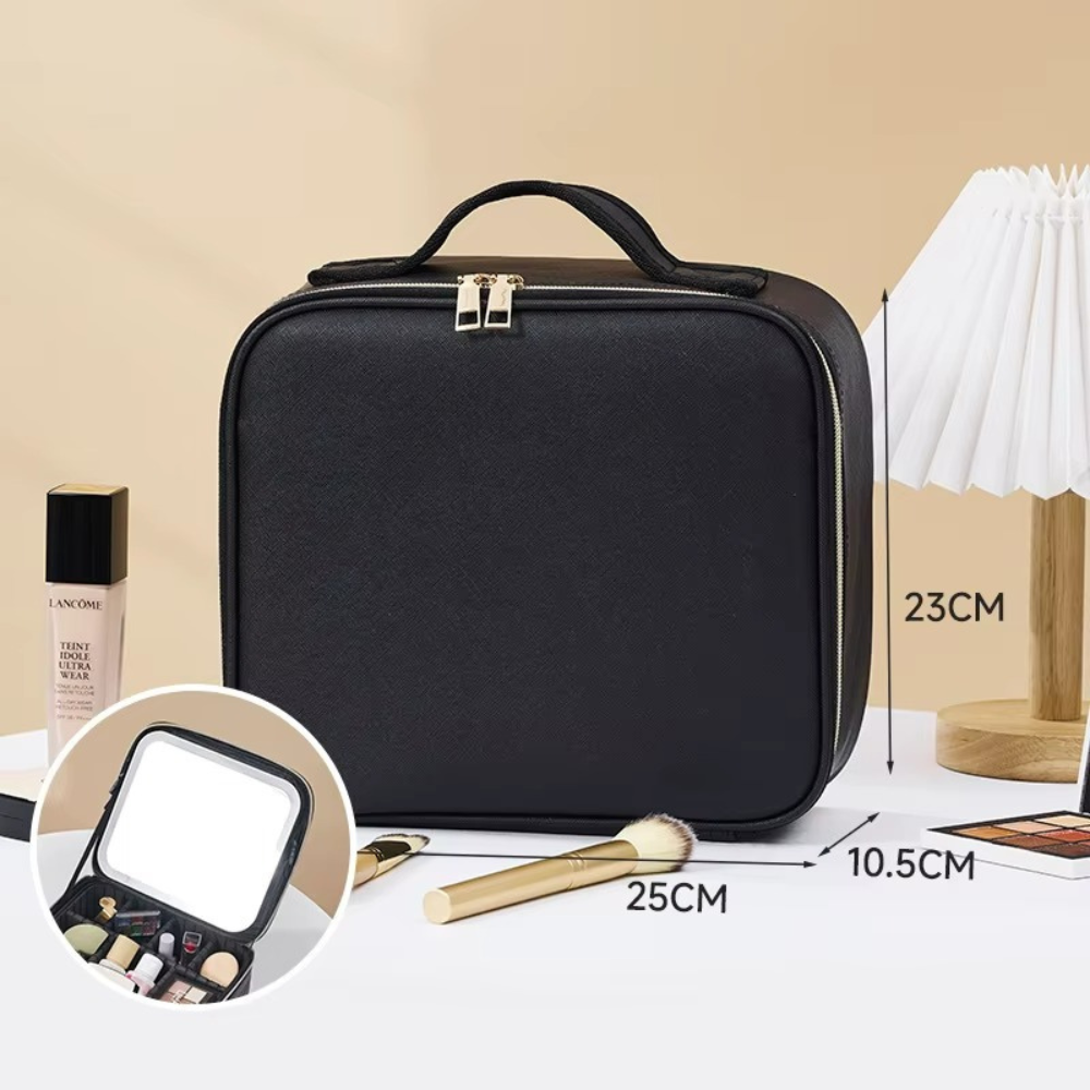 Portfard-Geanta Cosmetice cu Oglindă LED Touch, Compartimente Reglabile, Negru– Ideala pentru Voiaj și Machiaj Profesional