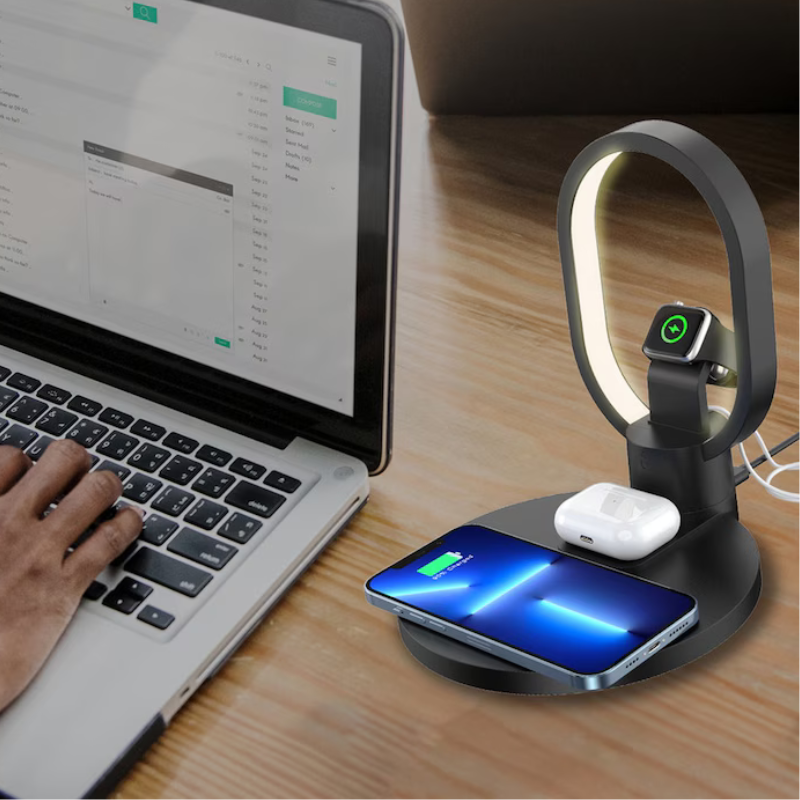 Statie de incarcare Wireless Smart 4 in 1, cu Lampa LED de Veghe, Incarcare rapida, 15W, Negru