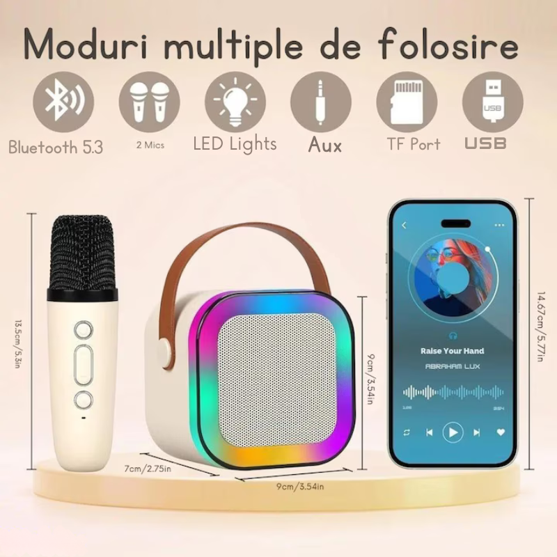 Boxa portabila Karaoke pentru copii, 2 microfoane wireless, conexiune Bluetooth, jocuri de lumini RGB, Bej