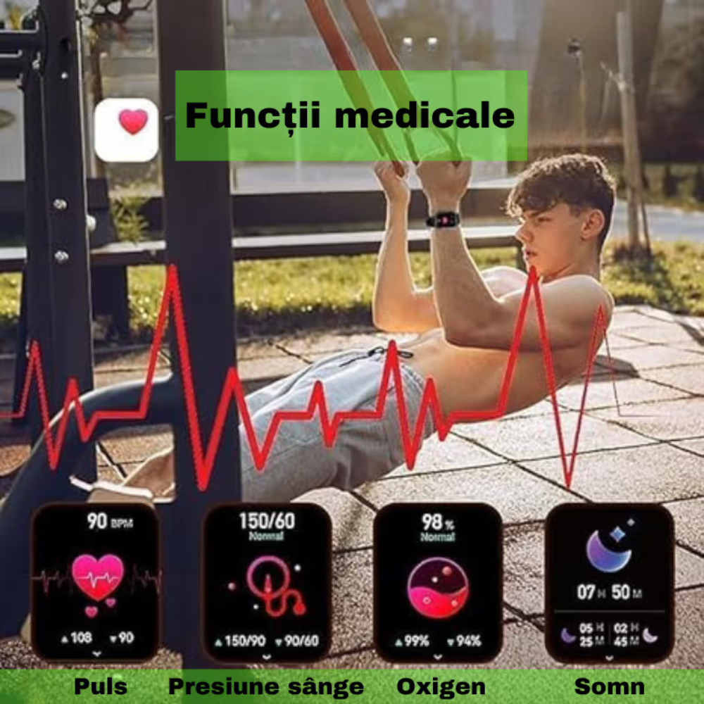 Ceas Inteligent SmartWatch Ultra 2.1 inch, Apel Bluetooth, Incarcator Wireless, 7 curele, Notificari Apel si Retele Sociale, Oximetru, Ritm Cardiac, Termometru, Monitorizare somn