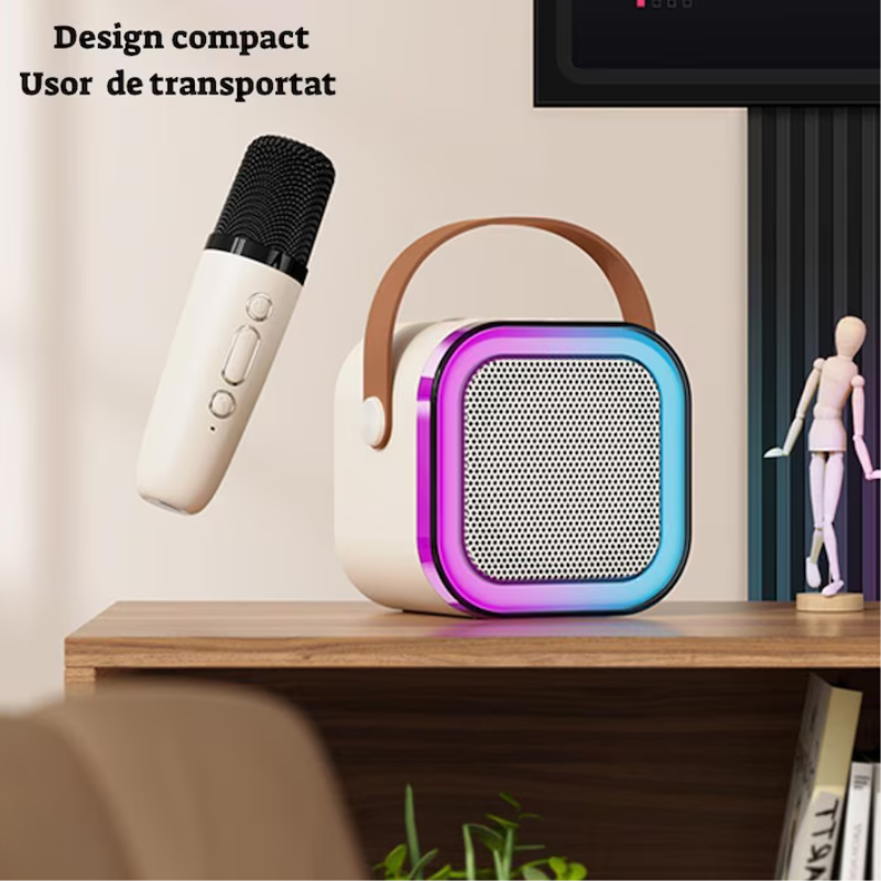 Boxa portabila Karaoke pentru copii, 2 microfoane wireless, conexiune Bluetooth, jocuri de lumini RGB, Bej