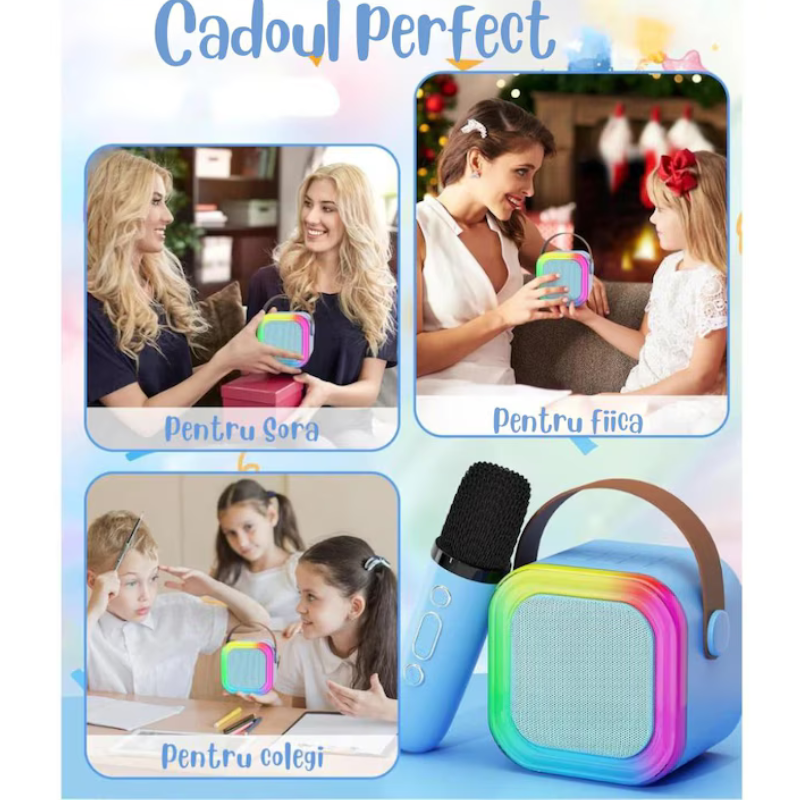 Boxa portabila Karaoke pentru copii, 2 microfoane wireless, conexiune Bluetooth, jocuri de lumini RGB, Albastru