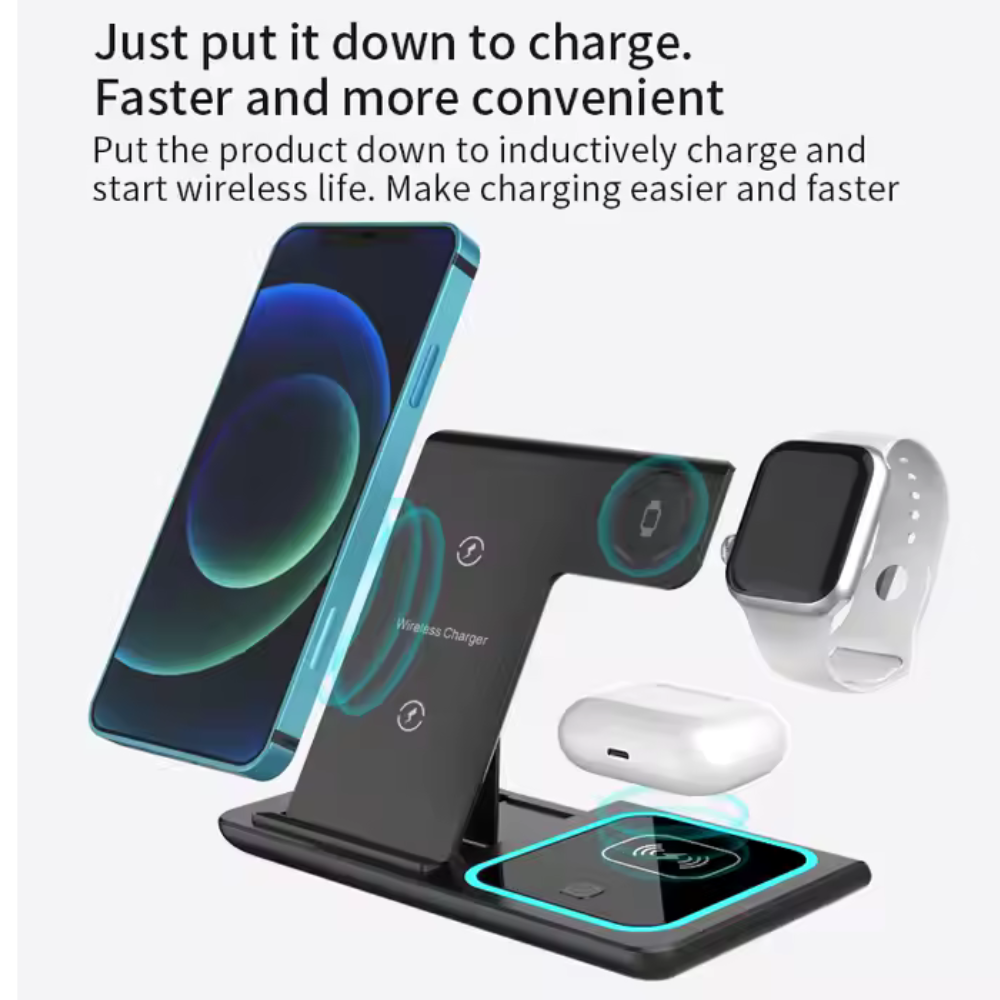 Stație de Încărcare Wireless 3 în 1 – Compatibilă cu Android, Apple Watch, AirPods | Încărcare Rapidă 15W, Design Pliabil