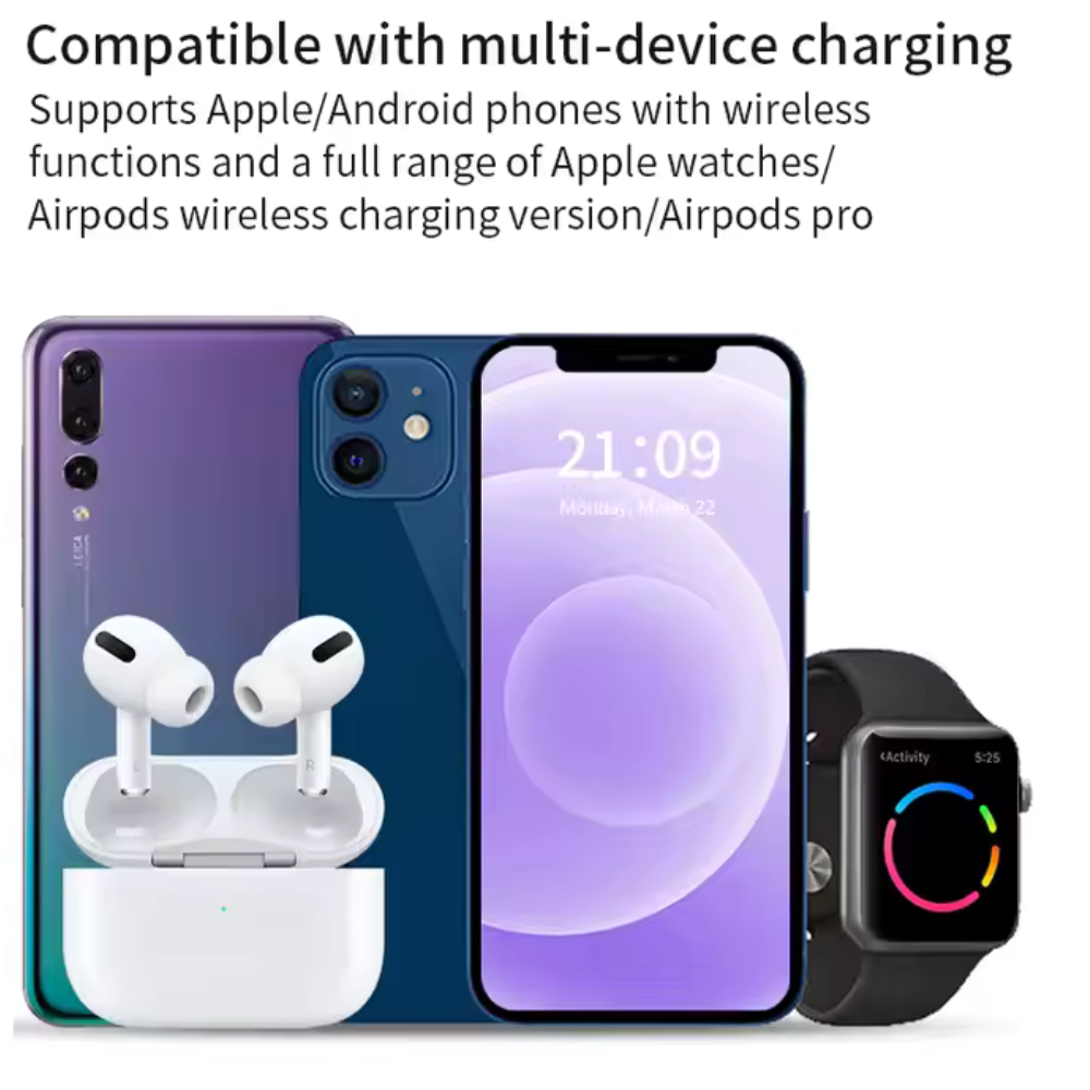 Stație de Încărcare Wireless 3 în 1 – Compatibilă cu Android, Apple Watch, AirPods | Încărcare Rapidă 15W, Design Pliabil