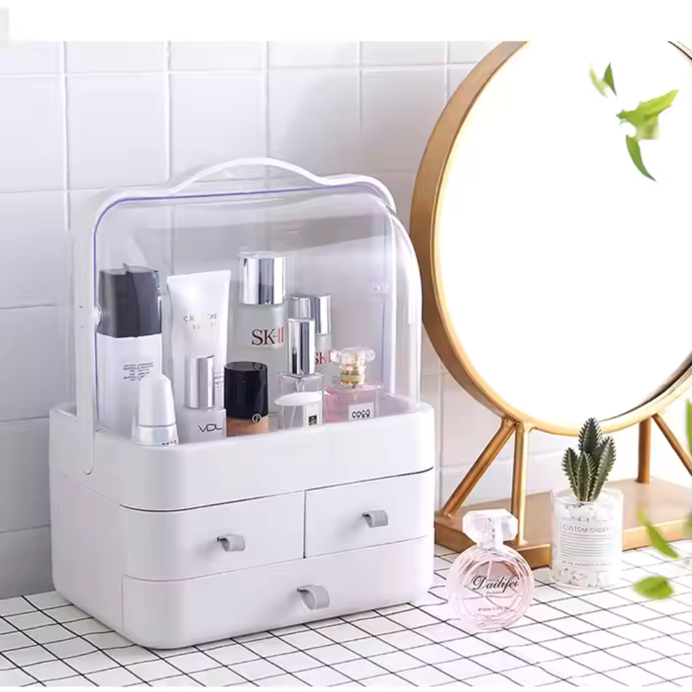 Organizator Cosmetice Portabil cu Capac Transparent și Sertare – Ideal pentru Machiaj, Parfumuri, Accesorii – Dimensiune 34x26x18 cm