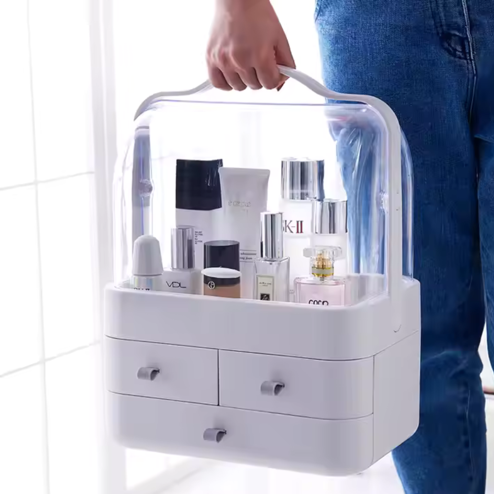 Organizator Cosmetice Portabil cu Capac Transparent și Sertare – Ideal pentru Machiaj, Parfumuri, Accesorii – Dimensiune 34x26x18 cm
