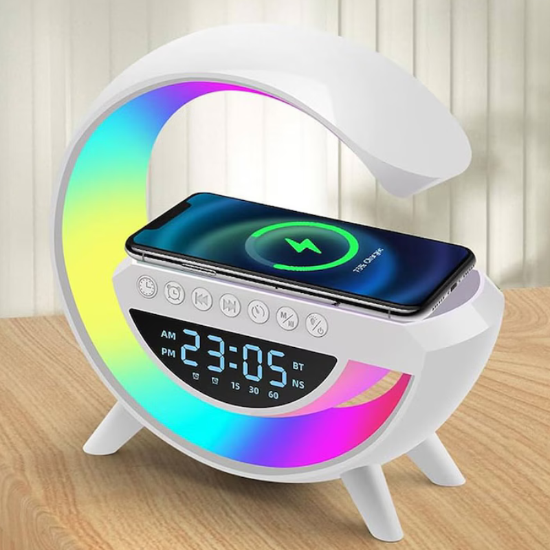 Lampa Smart LED RGB si Incarcator Wireless 15W, Boxa Bluetooth, Afisaj Ceas Digital, Alarma, Alb