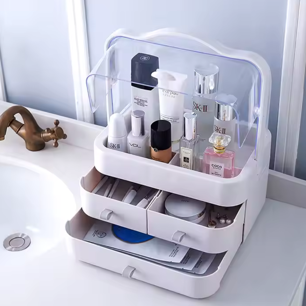 Organizator Cosmetice Portabil cu Capac Transparent și Sertare – Ideal pentru Machiaj, Parfumuri, Accesorii – Dimensiune 34x26x18 cm