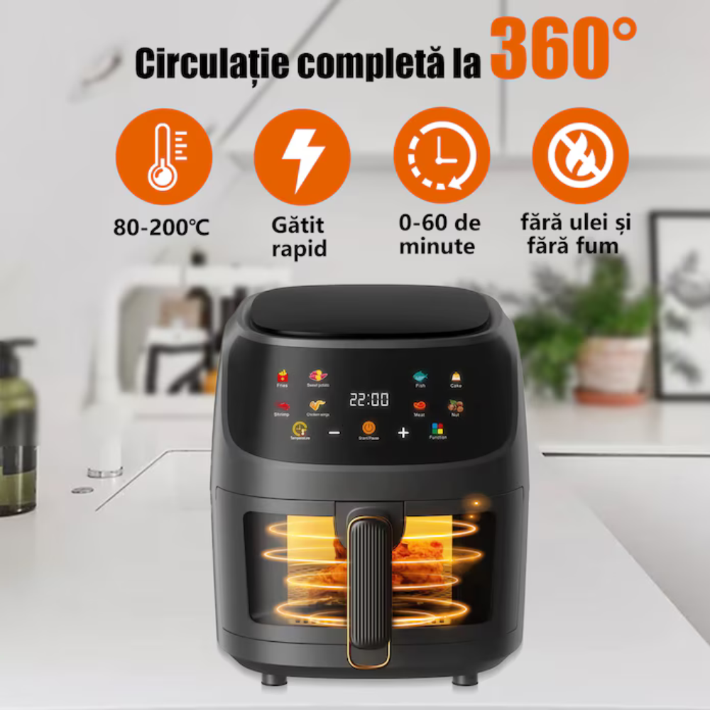 Friteuză cu Aer Cald Air Fryer 8L, 2400W, 8 Programe, Ecran Tactil, Gătire Rapidă și Fără Ulei