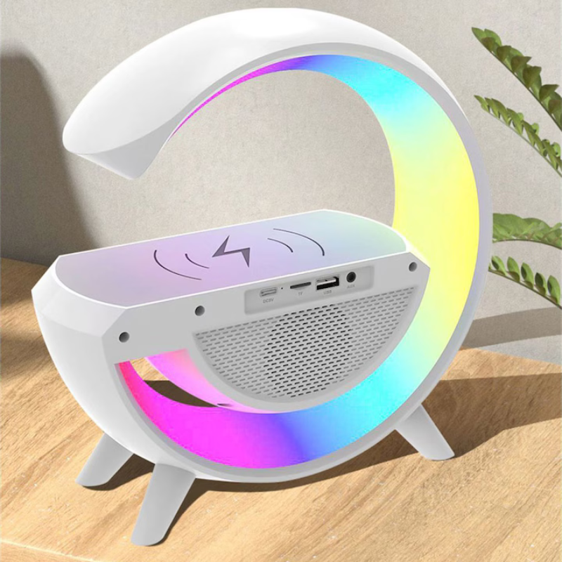 Lampa Smart LED RGB si Incarcator Wireless 15W, Boxa Bluetooth, Afisaj Ceas Digital, Alarma, Alb