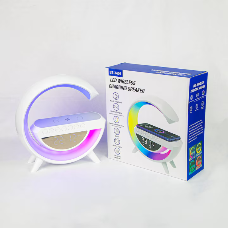 Lampa Smart LED RGB si Incarcator Wireless 15W, Boxa Bluetooth, Afisaj Ceas Digital, Alarma, Alb
