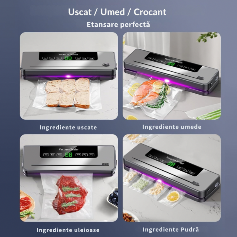 Aparat de vidat si sigilat alimente Vacuum Sealer, 120 W, ecran tactil, sterilizare UV, 30 cm, Gri