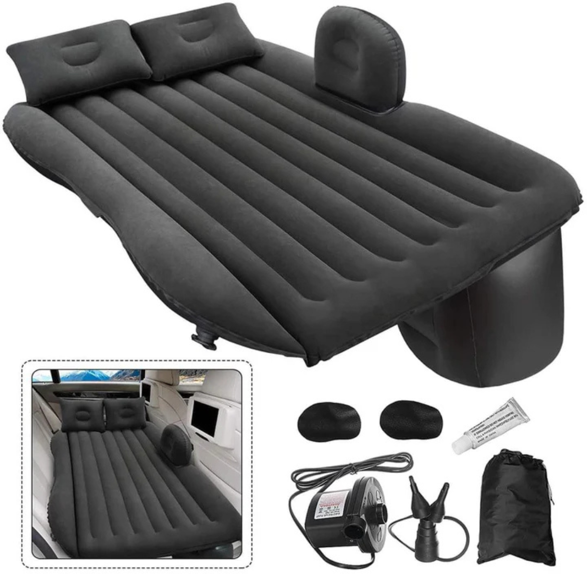 Saltea Gonflabilă Auto cu Pompa 12V Inclusă – PVC Rezistent, 2 Perne, Ideală pentru Mașină, Plajă sau Camping