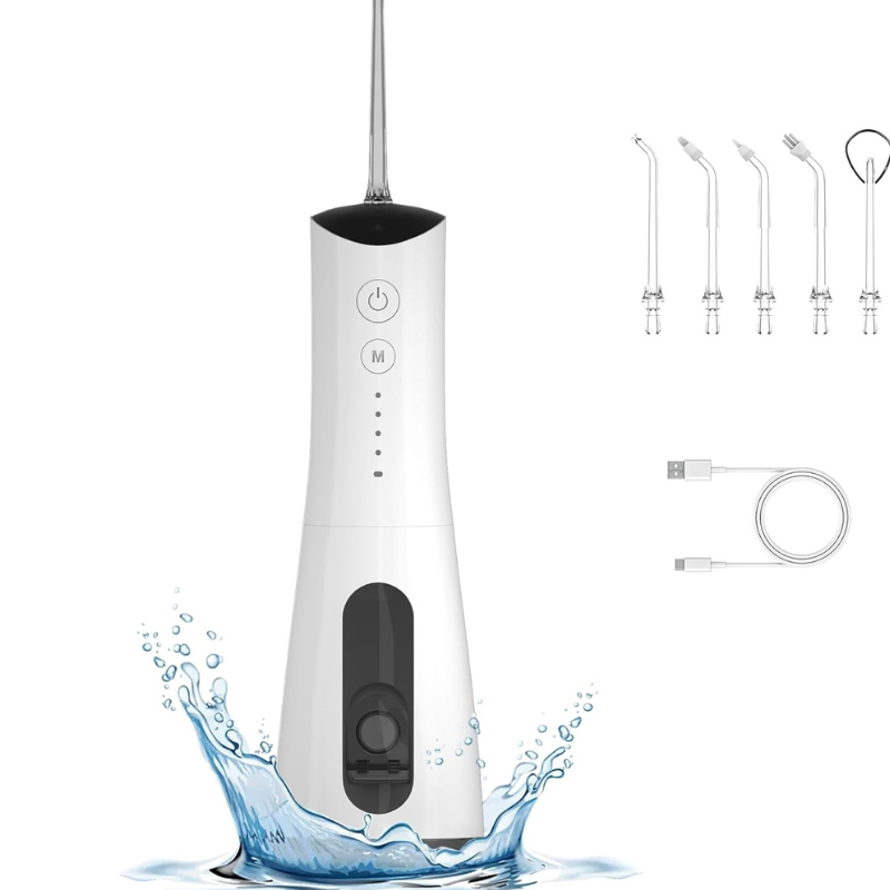 Irigator Oral Water flosser - Dus Bucal, Rezervor 300ml, 5 Capete de Curatare, 1600 pulsatii/minut, Tehnologie Sonic Bubble, IPX7, Alb