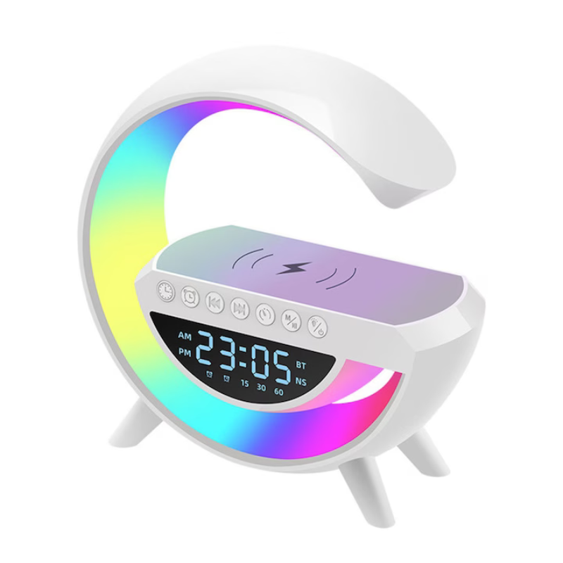 Lampa Smart LED RGB si Incarcator Wireless 15W, Boxa Bluetooth, Afisaj Ceas Digital, Alarma, Alb