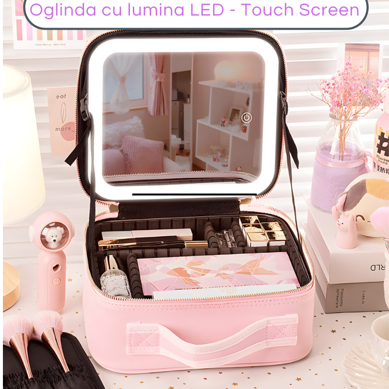 Portfard-Geanta Cosmetice cu Oglindă LED Touch, Compartimente Reglabile, Roz Pastel – Ideala pentru Voiaj și Machiaj Profesional
