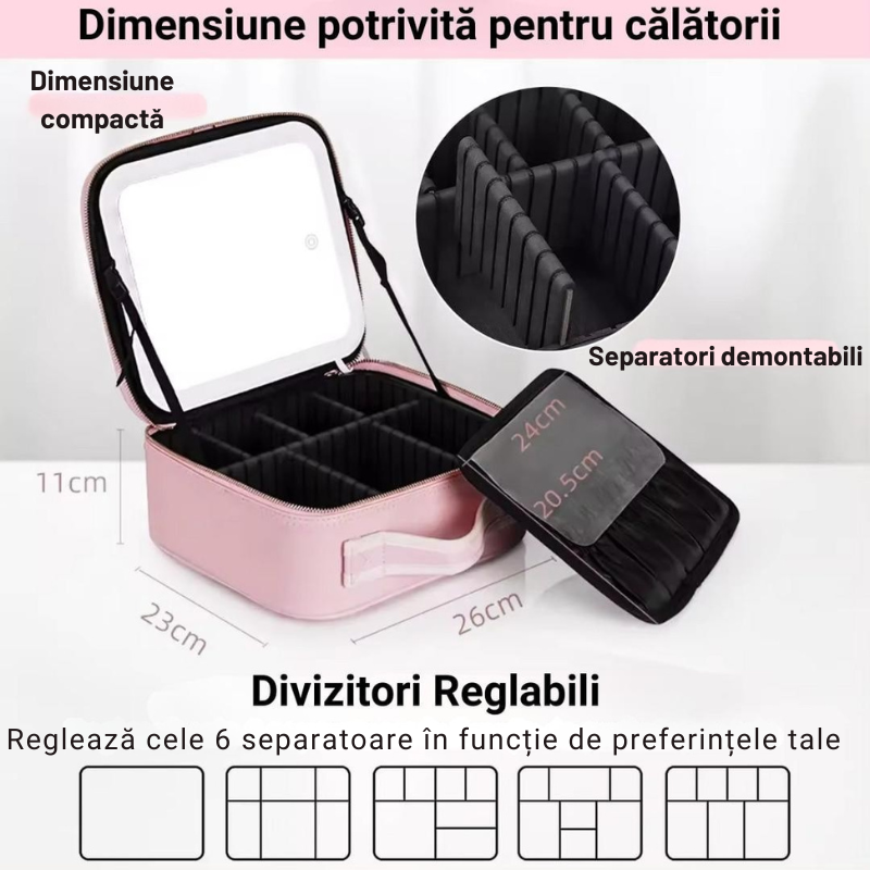 Portfard-Geanta Cosmetice cu Oglindă LED Touch, Compartimente Reglabile, Roz Pastel – Ideala pentru Voiaj și Machiaj Profesional