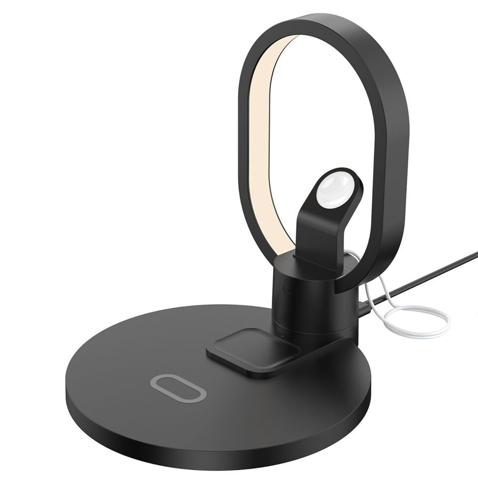 Statie de incarcare Wireless Smart 4 in 1, cu Lampa LED de Veghe, Incarcare rapida, 15W, Negru