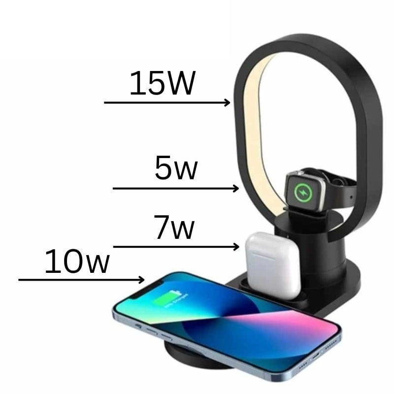 Statie de incarcare Wireless Smart 4 in 1, cu Lampa LED de Veghe, Incarcare rapida, 15W, Negru