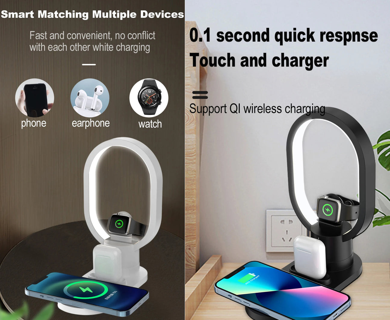Statie de incarcare Wireless Smart 4 in 1, cu Lampa LED de Veghe, Incarcare rapida, 15W, Alb