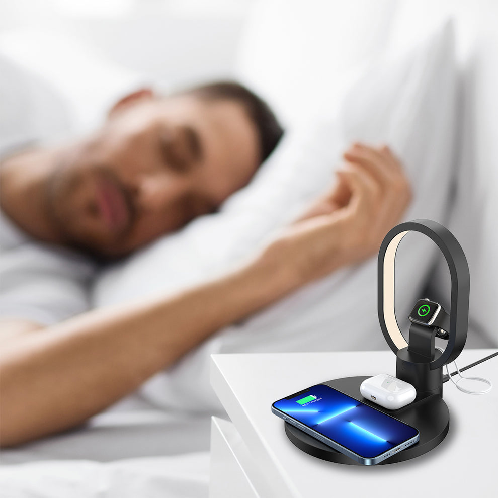Statie de incarcare Wireless Smart 4 in 1, cu Lampa LED de Veghe, Incarcare rapida, 15W, Negru