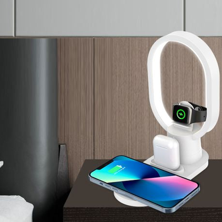 Statie de incarcare Wireless Smart 4 in 1, cu Lampa LED de Veghe, Incarcare rapida, 15W, Alb