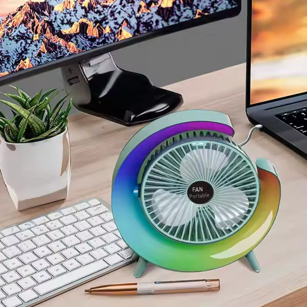 Ventilator Portabil cu Iluminare LED RGB – 3 Viteze, 5 Moduri Lumină, Reglabil 180°, USB | Birou, Mașină, Camping