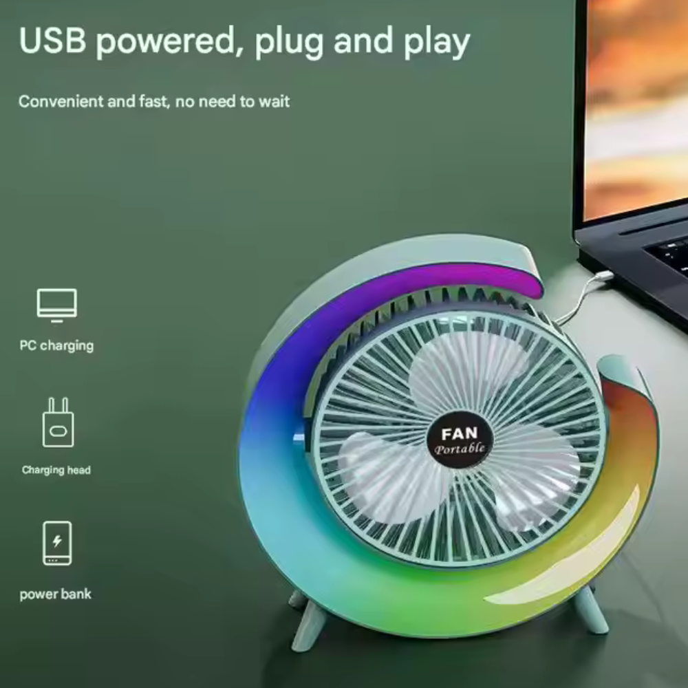 Ventilator Portabil cu Iluminare LED RGB – 3 Viteze, 5 Moduri Lumină, Reglabil 180°, USB | Birou, Mașină, Camping