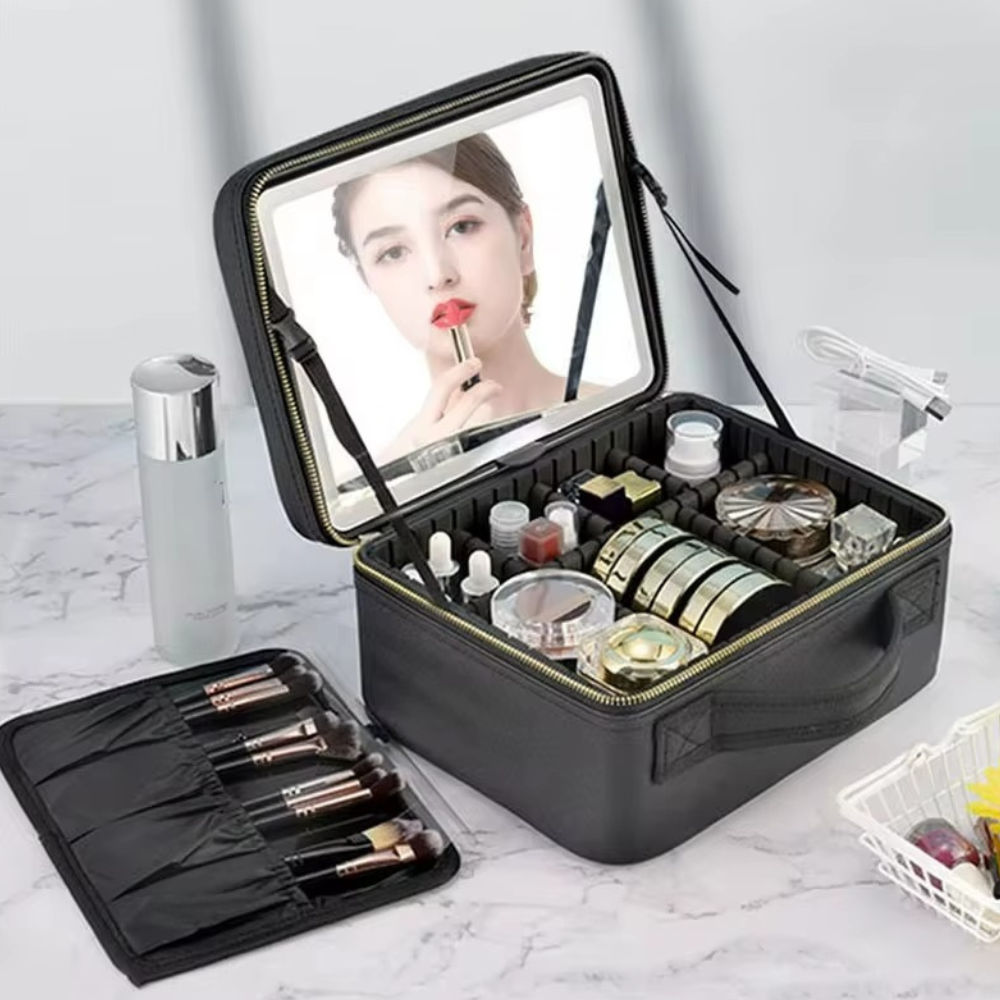 Portfard-Geanta Cosmetice cu Oglindă LED Touch, Compartimente Reglabile, Negru– Ideala pentru Voiaj și Machiaj Profesional