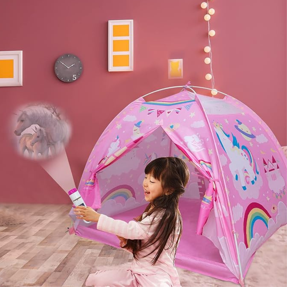 Cort Unicorn Copii – Spațiu Magic de Joacă cu Design Roz și Personaje Fantastice, 120/120/107 cm