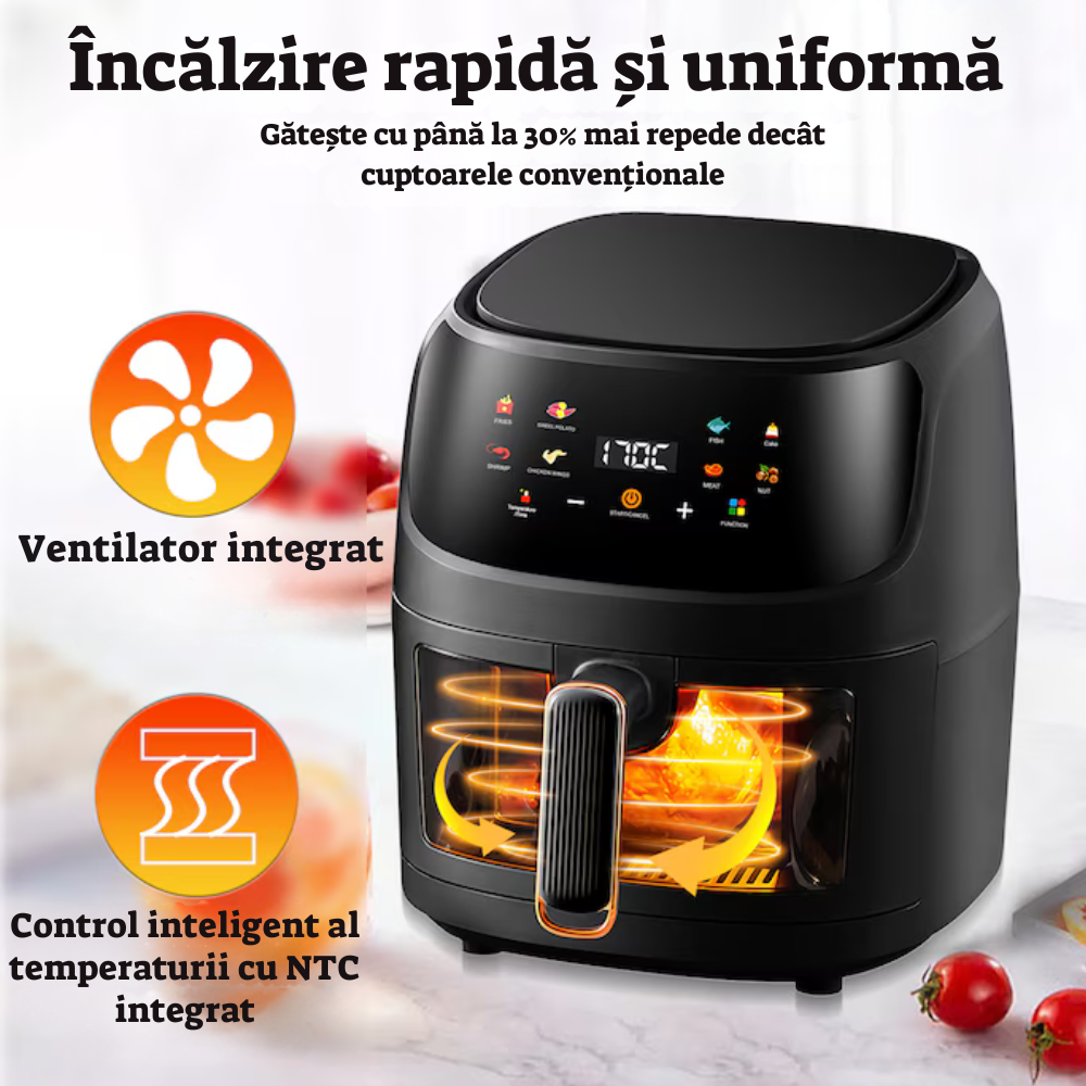 Friteuză cu Aer Cald Air Fryer 8L, 2400W, 8 Programe, Ecran Tactil, Gătire Rapidă și Fără Ulei