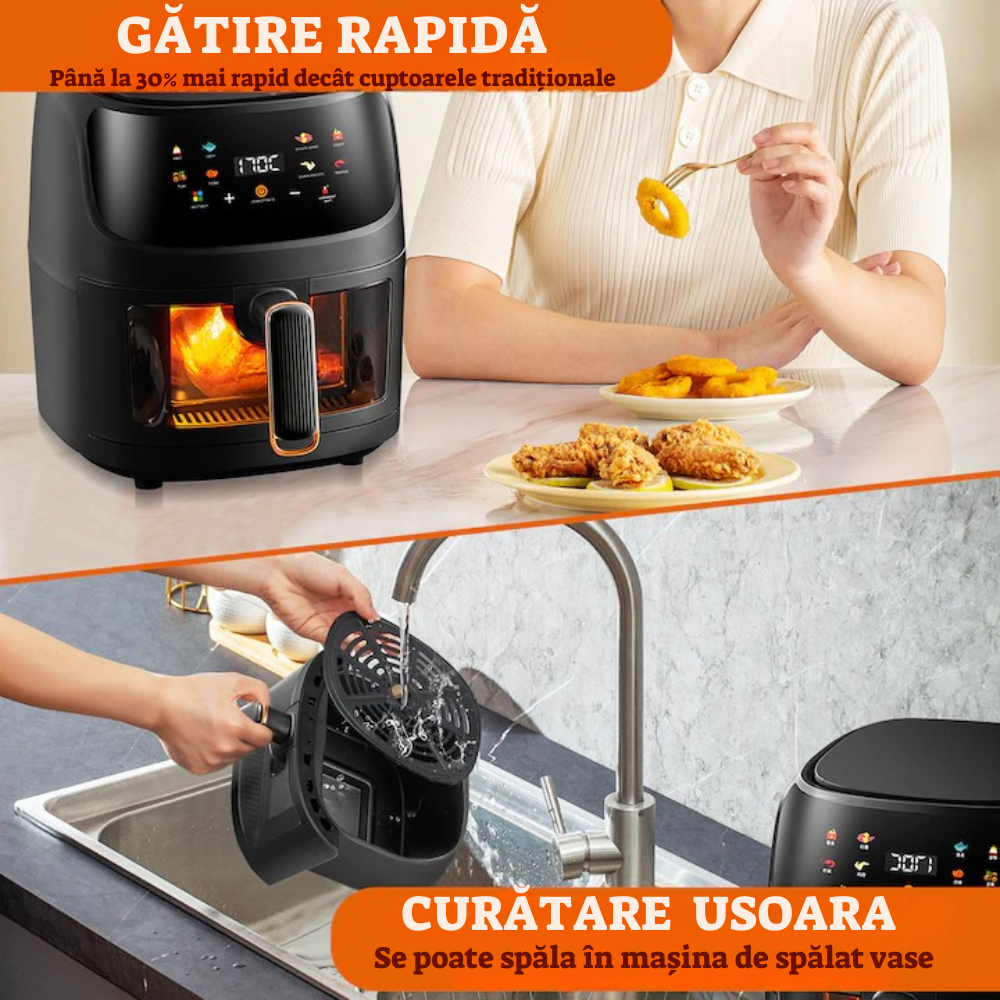 Friteuză cu Aer Cald Air Fryer 8L, 2400W, 8 Programe, Ecran Tactil, Gătire Rapidă și Fără Ulei