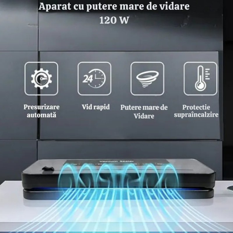 Aparat de vidat si sigilat alimente Vacuum Sealer, 120 W, ecran tactil, sterilizare UV, 30 cm, Gri