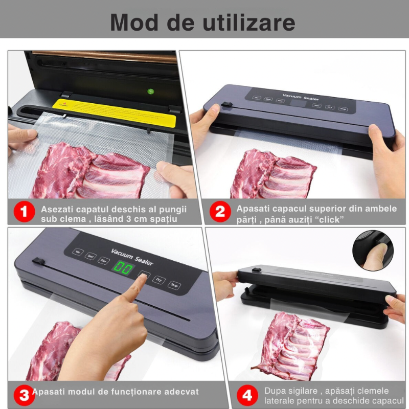Aparat de vidat si sigilat alimente Vacuum Sealer, 120 W, ecran tactil, sterilizare UV, 30 cm, Gri