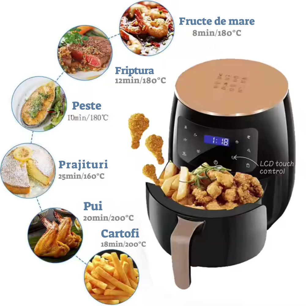 Friteuză cu Aer Cald Air Fryer 6L, 2400W, Ecran Tactil, Gătire Rapidă și Fără Ulei