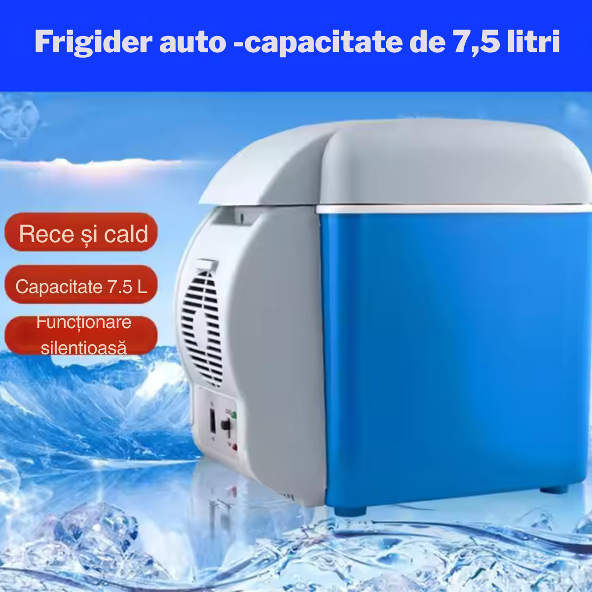 Frigider auto portabil, 12V, 7.5 l, Functie de racire si incalzire, Albastru/Alb