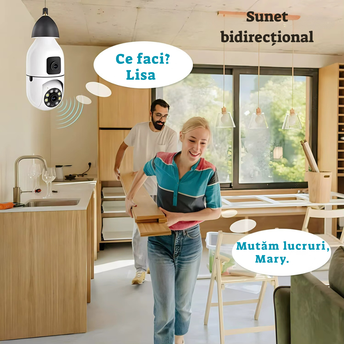 Cameră Supraveghere Bec WiFi 360° cu Două Lentile, Viziune Nocturnă Color, Audio Bidirecțional – Compatibilă Android/iOS/Windows
