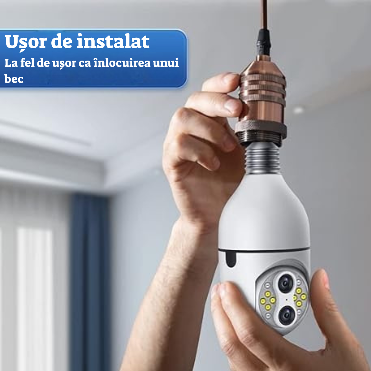 Cameră Supraveghere Bec WiFi 360° cu 2 Lentile, Viziune Nocturnă Color, Audio Bidirecțional, Compatibilă cu IOS & Android