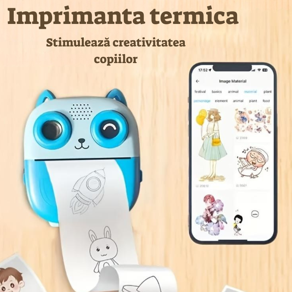 Camera Foto Digitala pentru Copii si Imprimanta termica, Ecran 2.4 Inch, Dual Lens 1080P, Filtre Creative, Foto si Video HD, Albastru