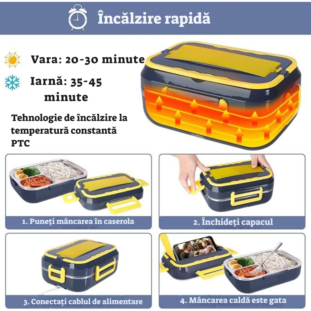 Caserolă Electrică Încălzire Mâncare, 1.5, Portabilă, Inox, Anti-Scurgeri – Ideală pentru Auto, Birou, Calatorie