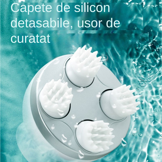Aparat de Masaj 3D pentru Scalp, Fata si Corp- Relaxare si Revitalizare, 4 Zone Masaj, Capete de Silicon detasabile, Reincarcabil, Alb