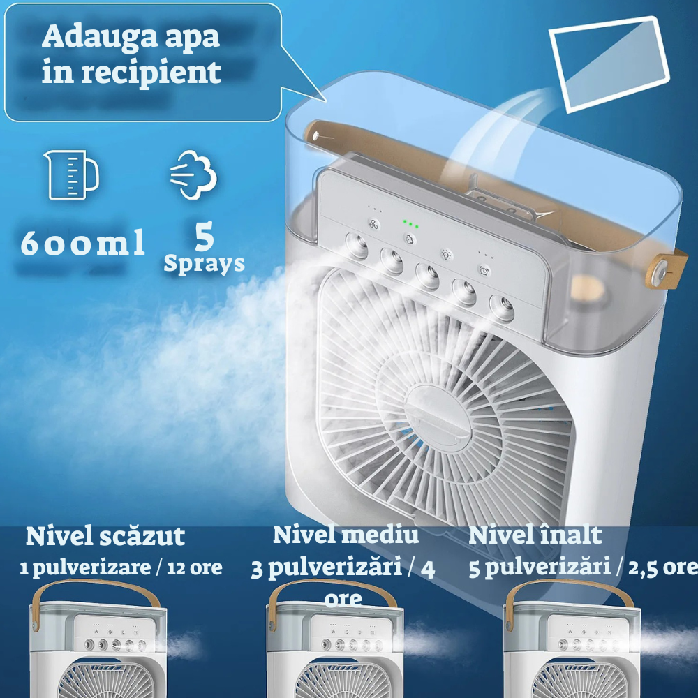 Ventilator cu pulverizare – Umidificator 600 ml, Răcire Rapidă și Aromaterapie, Negru