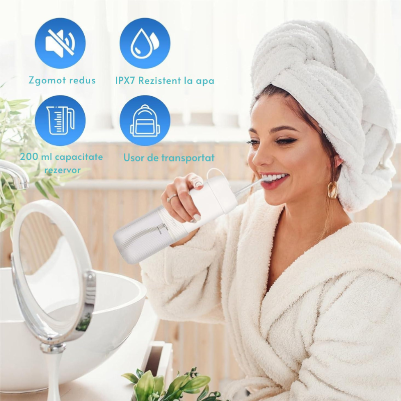 Irigator Oral Portabil Water Flosser - Dus Bucal, rezervor 200ML, 5 capete de curatare, 1400 Pulsatii/min, tehnologie Sonic Bubble, IPX7, Alb