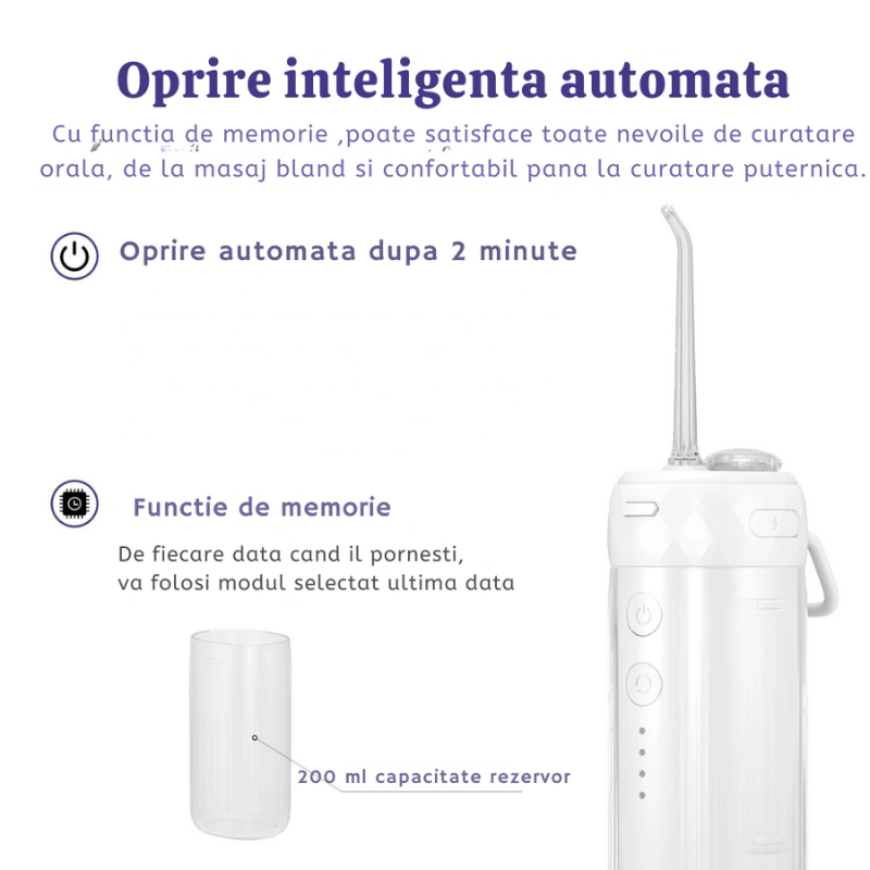 Irigator Oral Portabil Water Flosser - Dus Bucal, rezervor 200ML, 5 capete de curatare, 1400 Pulsatii/min, tehnologie Sonic Bubble, IPX7, Alb