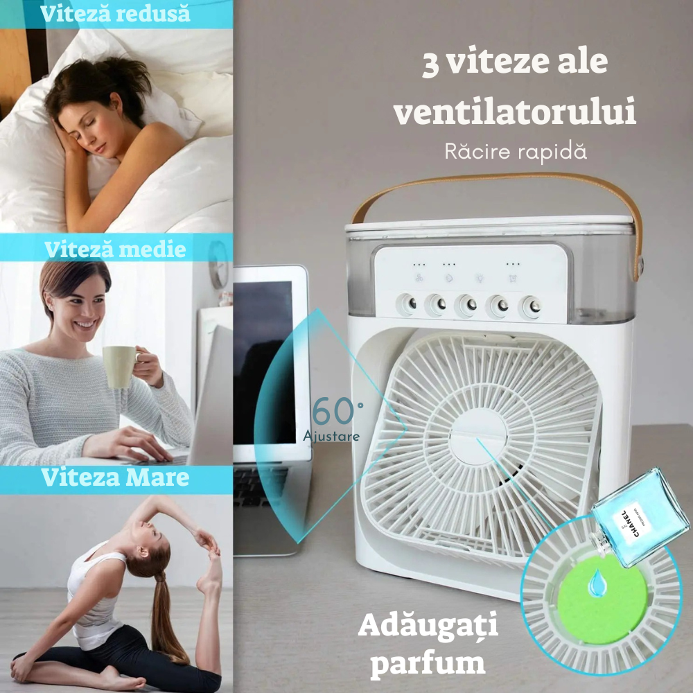 Ventilator cu pulverizare – Umidificator 600 ml, Răcire Rapidă și Aromaterapie, Negru